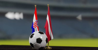 UEFA EURO 2024, Letonya Avrupa Şampiyonası elemeleri, Hırvatistan ve Letonya 'ya karşı futbol topuyla karşı karşıya geldi. 3D işe yarar. Erivan, Ermenistan - 29 Mart 2023.