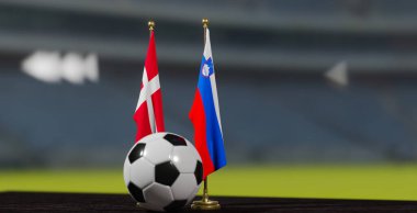 UEFA EURO 2024 Futbol Danimarka ile Slovenya Avrupa Şampiyonası elemeleri, Danimarka ve Slovenya futbol karşılaşması. 3D işe yarar. Erivan, Ermenistan - 29 Mart 2023.