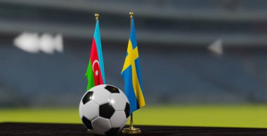 UEFA EURO 2024 Futbol Azerbaijan 'a karşı İsveç Avrupa Şampiyonası elemeleri, Azerbaijan ve İsveç' e karşı futbol topu. 3D işe yarar. Erivan, Ermenistan - 29 Mart 2023.