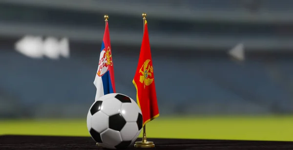 Uefa Euro 2024サッカーセルビア対モンテネグロ欧州選手権予選 セルビア モンテネグロサッカーボールと 3次元作業だ アルメニアエレバン 2023年3月29日 — ストック写真