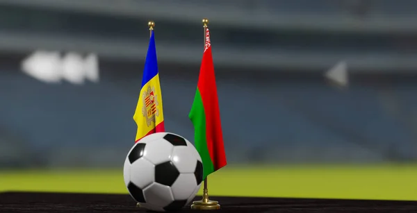 Uefa Euro 2024サッカーアンドラ対ベラルーシヨーロッパ選手権予選 アンドラとベラルーシサッカーボールと 3次元作業だ アルメニアエレバン 2023年3月29日 — ストック写真