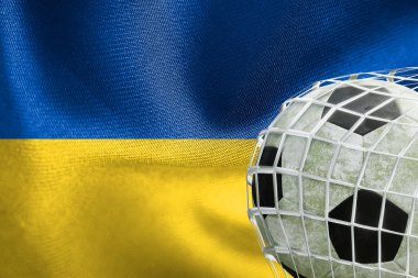 UEFA EURO 2024 Futbol, Ukrayna Milli Bayrağı, net futbol topu, 3D çalışma ve 3D görüntü. Erivan, Ermenistan - 2023 Nisan 03