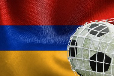 UEFA EURO 2024 Futbol, Ermenistan Milli Bayrağı, net futbol topu, 3D çalışma ve 3D görüntü. Erivan, Ermenistan - 2023 Nisan 03