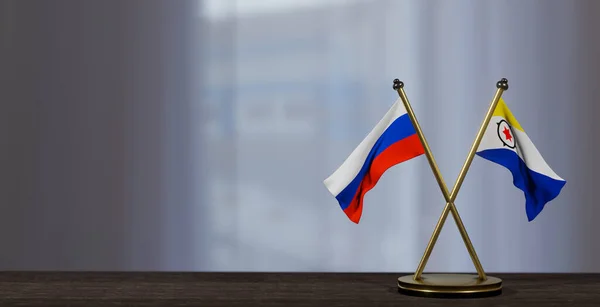 Russia and Bonaire flags on table. Negotiation between Bonaire and Russia. on little blur background. 3D work and 3D image