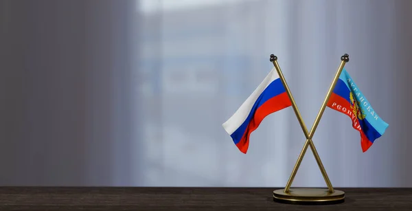 Rusland Loehansk Vlaggen Tafel Onderhandelingen Tussen Loehansk Rusland Kleine Wazige — Stockfoto