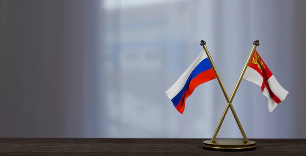 stock image Russia and Sark flags on table. Negotiation between Sark and Russia. on little blur background. 3D work and 3D image