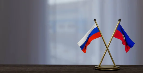 俄罗斯和海地的国旗在桌上 海地和俄罗斯之间的谈判 背景有点模糊 3D作品和3D图像 — 图库照片