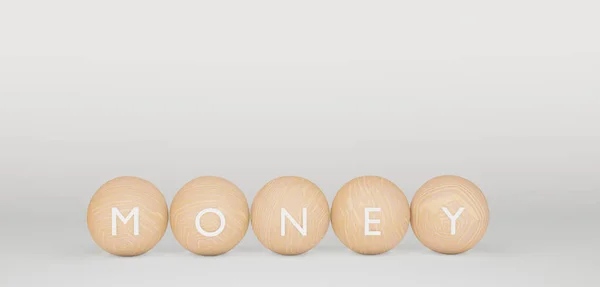 木制球体金钱 文字球体金钱 3D作品和3D图像 — 图库照片