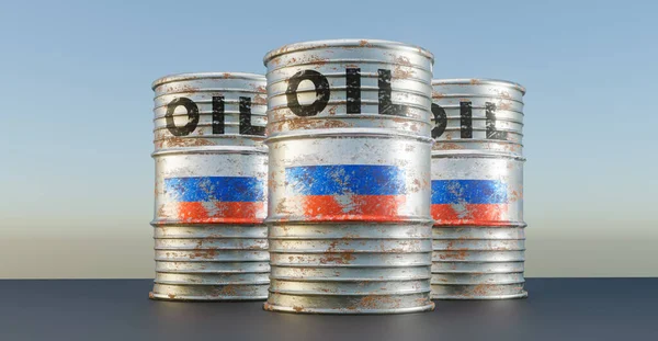 ロシアの石油 石油バレルの背景 バレルにロシアの国旗 ロシアの石油に対する制裁 3D作品と3Dイラスト — ストック写真