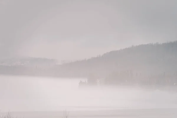 Paisagem Inverno Nebulosa Com Lago Congelado Floresta Fundo — Fotografia de Stock