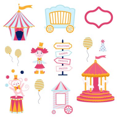 Pembe sirk elementleri koleksiyonu. Çadır, maymun, bebek, atlıkarınca, kep, top, işaretçi