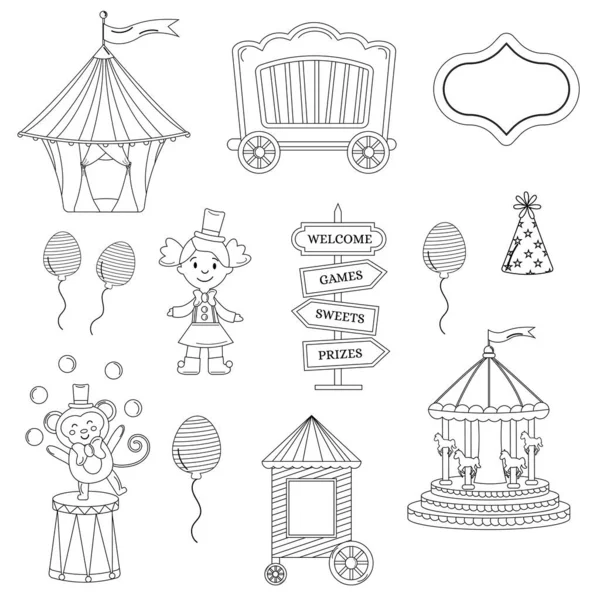 stock vector Collection of outline circus. Tent, monkey, doll, carousel, cap, ball, pointer