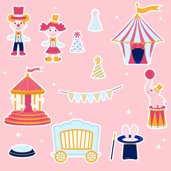 Коллекция Наклеек Розовый Цирк Палатка Клоун Кукла Слон Гирлянда Карусель — стоковый вектор