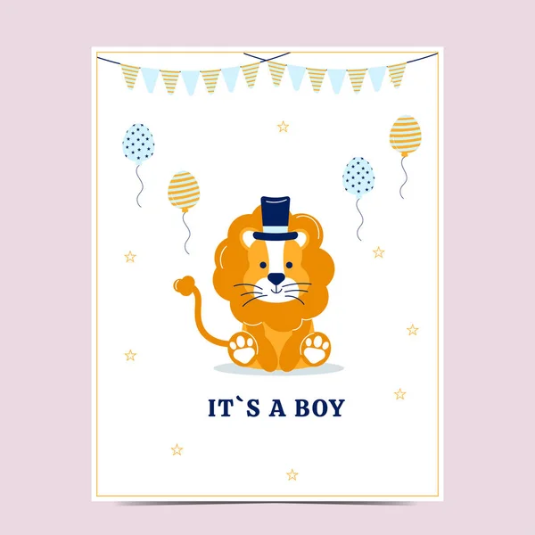 Carte Postale Baby Shower Est Garçon Avec Lion Dessin Animé — Image vectorielle