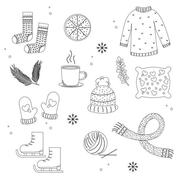 stock vector Collection of outline winter elements. Hygge style. Vector