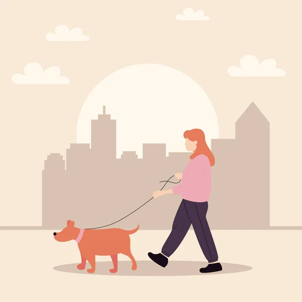 Mese Passeggiata Con Cani Una Donna Cammina Con Cane Città — Vettoriale Stock