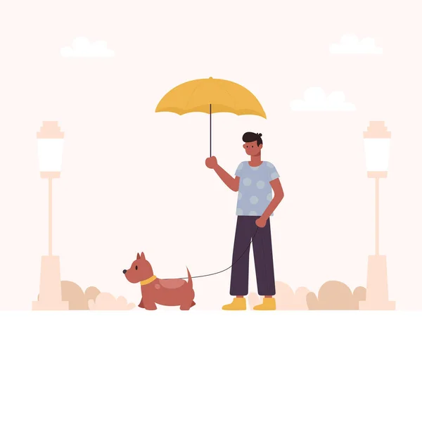几个月的遛狗 一个带着雨伞和狗一起散步的人 — 图库矢量图片