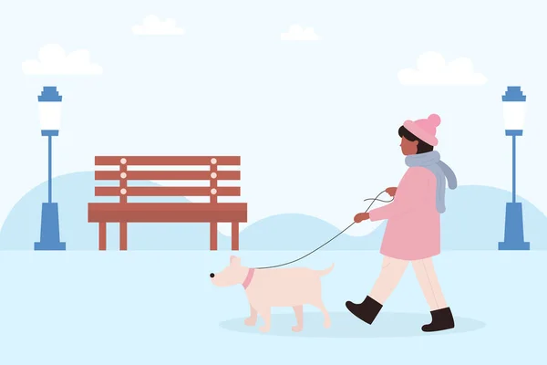 几个月的遛狗 一个女人在冬天带着狗散步 — 图库矢量图片