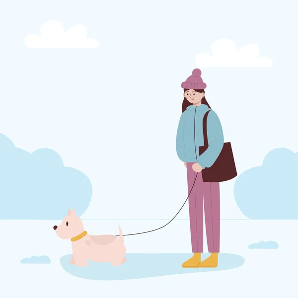 Mese Passeggiata Con Cani Donna Che Cammina Con Cane Inverno — Vettoriale Stock