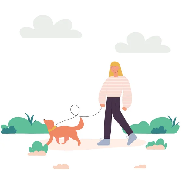 Mese Passeggiata Con Cani Una Donna Che Cammina Con Cane — Vettoriale Stock