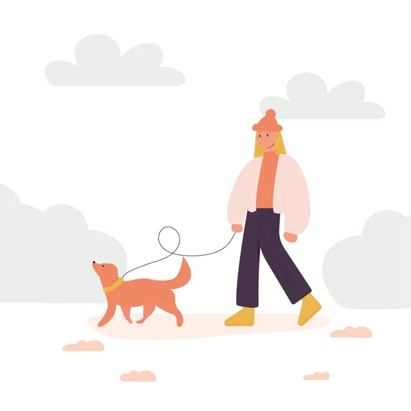 Mese Passeggiata Con Cani Una Donna Cammina Con Cane Inverno — Vettoriale Stock