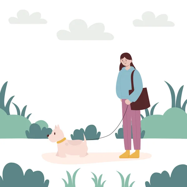 Mese Passeggiata Con Cani Una Donna Che Cammina Con Cane — Vettoriale Stock