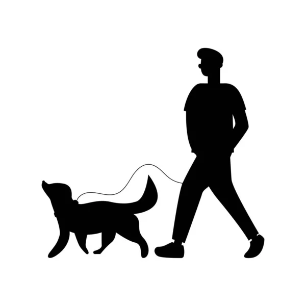 Mese Passeggiata Con Cani Silhouette Uomo Che Cammina Con Cane — Vettoriale Stock