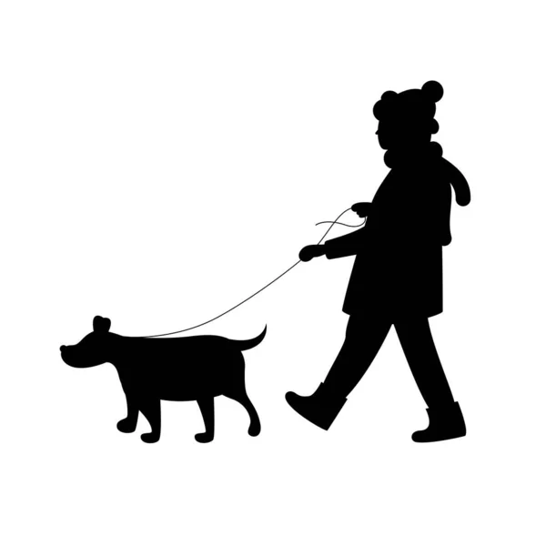 Month Dog Walking Silhouette Woman Walking Dog Winter — Stock Vector