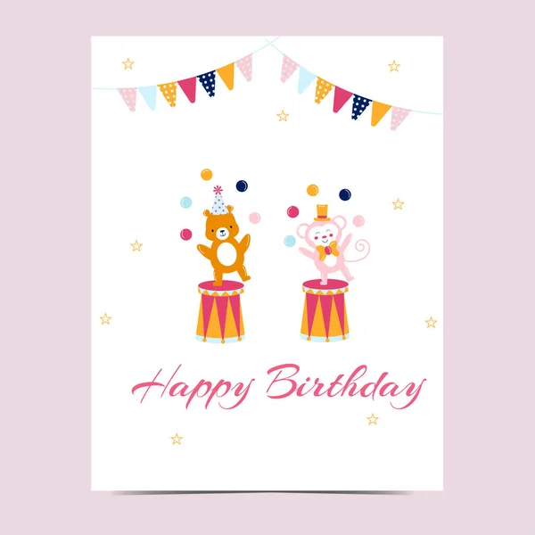 Happy Birthday Card Cartoon Circus Style Vector — Stock Vector