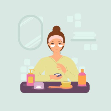 Banyoda bir kadın gözlerinin altına bantlar yapıştırıyor. Vektör