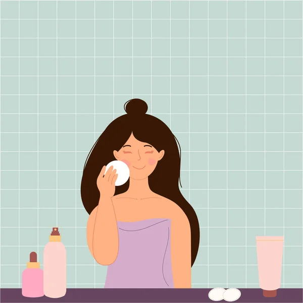 Esmer Bir Kadın Banyoda Yüzünü Makyaj Malzemeleriyle Yıkıyor — Stok Vektör