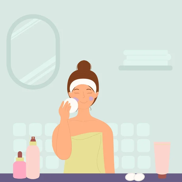 Eine Frau Wäscht Sich Badezimmer Ihr Gesicht Mit Kosmetik — Stockvektor