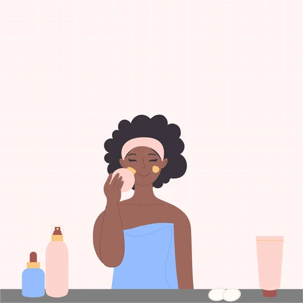 Siyah Bir Afro Amerikalı Kadın Yüzünü Makyaj Malzemeleriyle Yıkıyor — Stok Vektör
