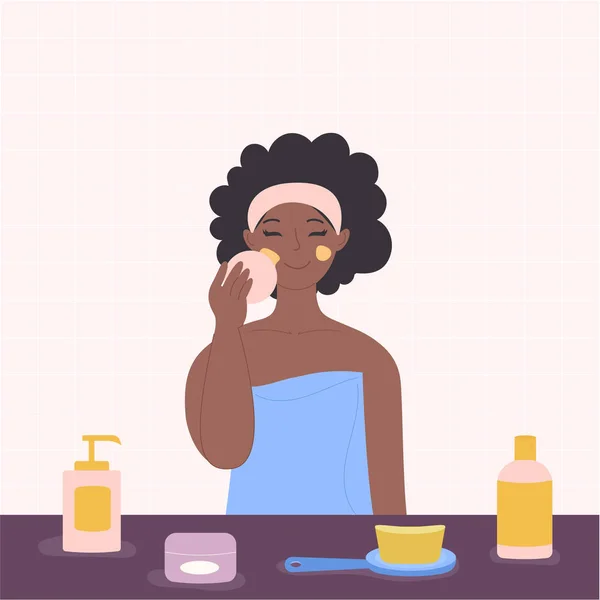 Banyodaki Siyahi Afrikalı Bir Kadın Serum Masaj Uygular — Stok Vektör
