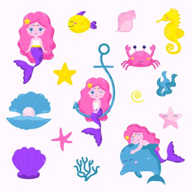 Denizkızı, balık, denizatı, yıldız, yengeç denizaltı dünyasının elementleri.. 