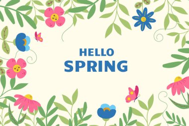 Çiçekler ve kelebekli güzel düz bir arka plan tasarımı. Merhaba bahar.