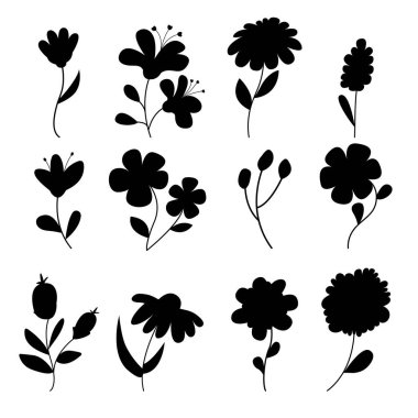 Bahar siluetleri, yaz çiçekleri koleksiyonu. Vektör