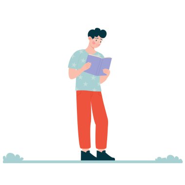 Man in glasses is walking and reading a book. Vector illustration