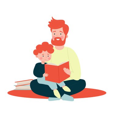 Father and son reading a book together. Vector illustration