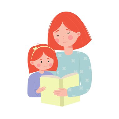 Mother and daughter reading a book together. Vector illustration