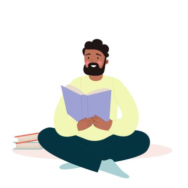 Man African American black sitting reading a book. Vector illustration