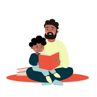 African American father and daughter reading a book together. Vector illustration