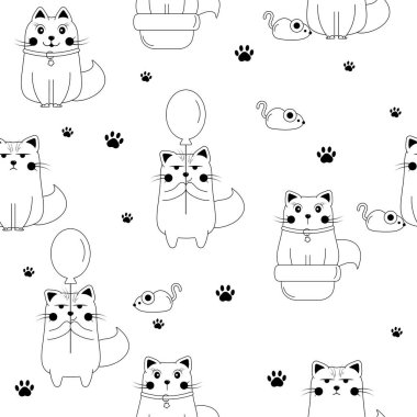 Seamless black and white outline pattern with cute doodle cats characters.
