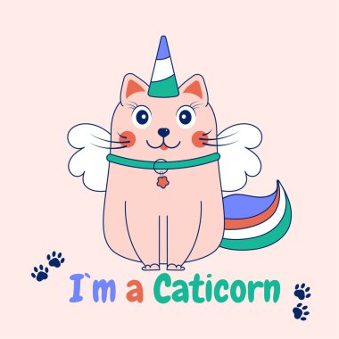 Cute cartoon doodle cat unicorn. Card with the inscription unicorn