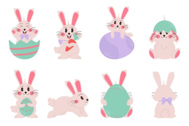 Flat easter characters bunny collection. Rabbit with egg and carrot 