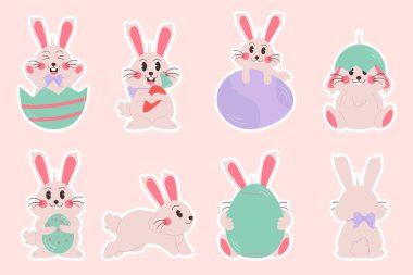 Flat easter characters bunny collection stickers. Rabbit with egg and carrot 