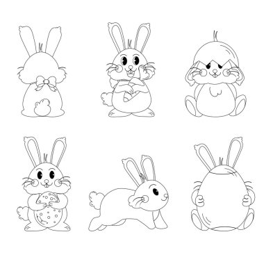 Flat easter characters bunny collection black and white outline. Rabbit with egg and carrot 