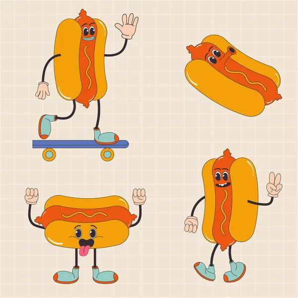 Cartoon Personaggio Retrò Cibo Hot Dog Anni Street Food Stile — Vettoriale Stock