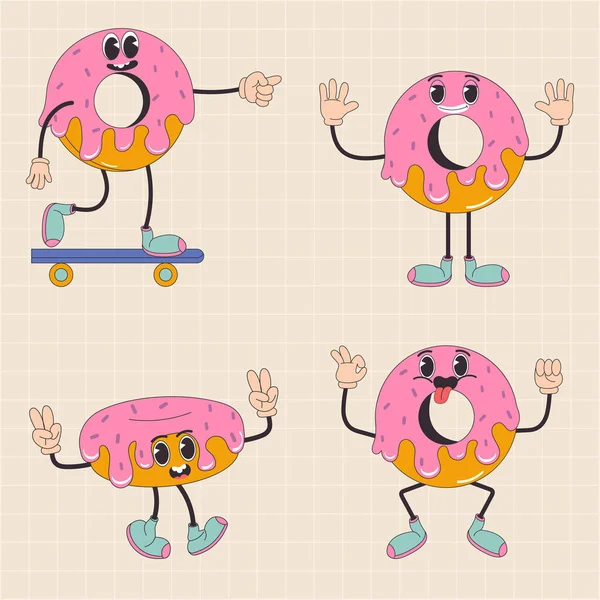 Personaje Dibujos Animados Retro Donut Food 70S Estilo Hippie Retro — Vector de stock