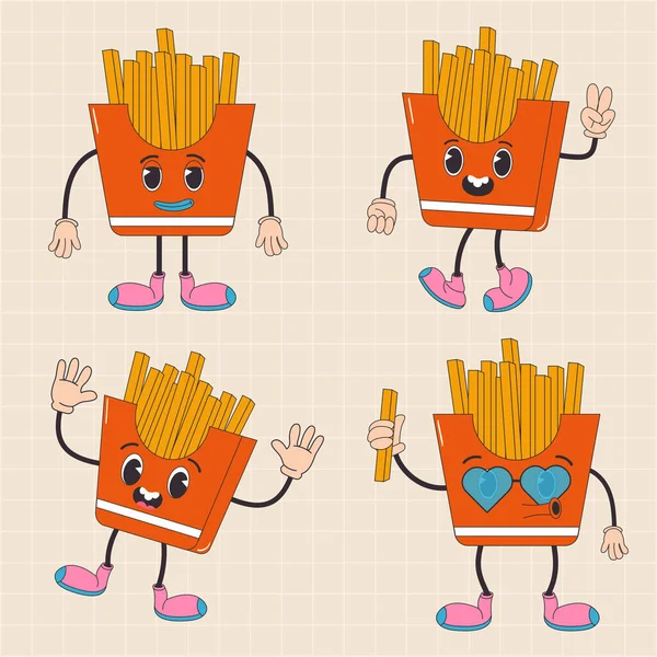 Cartoon Χαρακτήρα Ρετρό Τηγανητές Πατάτες Τροφίμων 70S Street Food Μοντέρνο — Διανυσματικό Αρχείο
